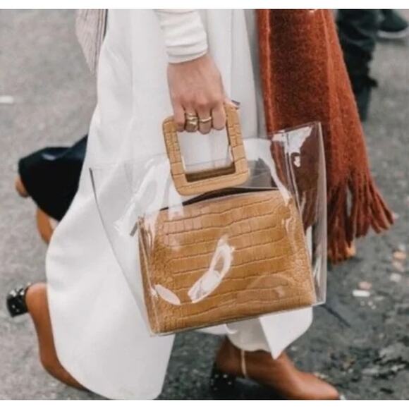 STAUD Shirley Clear PVC Crocodile Embossed Tote Bag Tan Brown Plastic - Picture 2 of 8